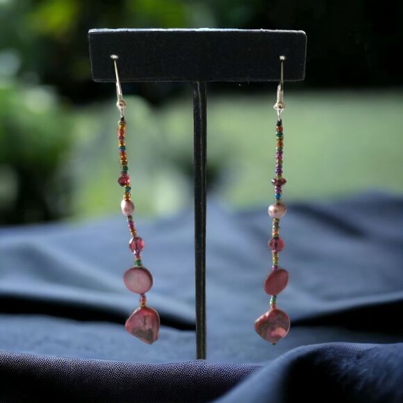 Metallic Shell Graduated Dangle Earrings Glass Beads Handmade Coastal Beach 90s - Picture 14 of 16